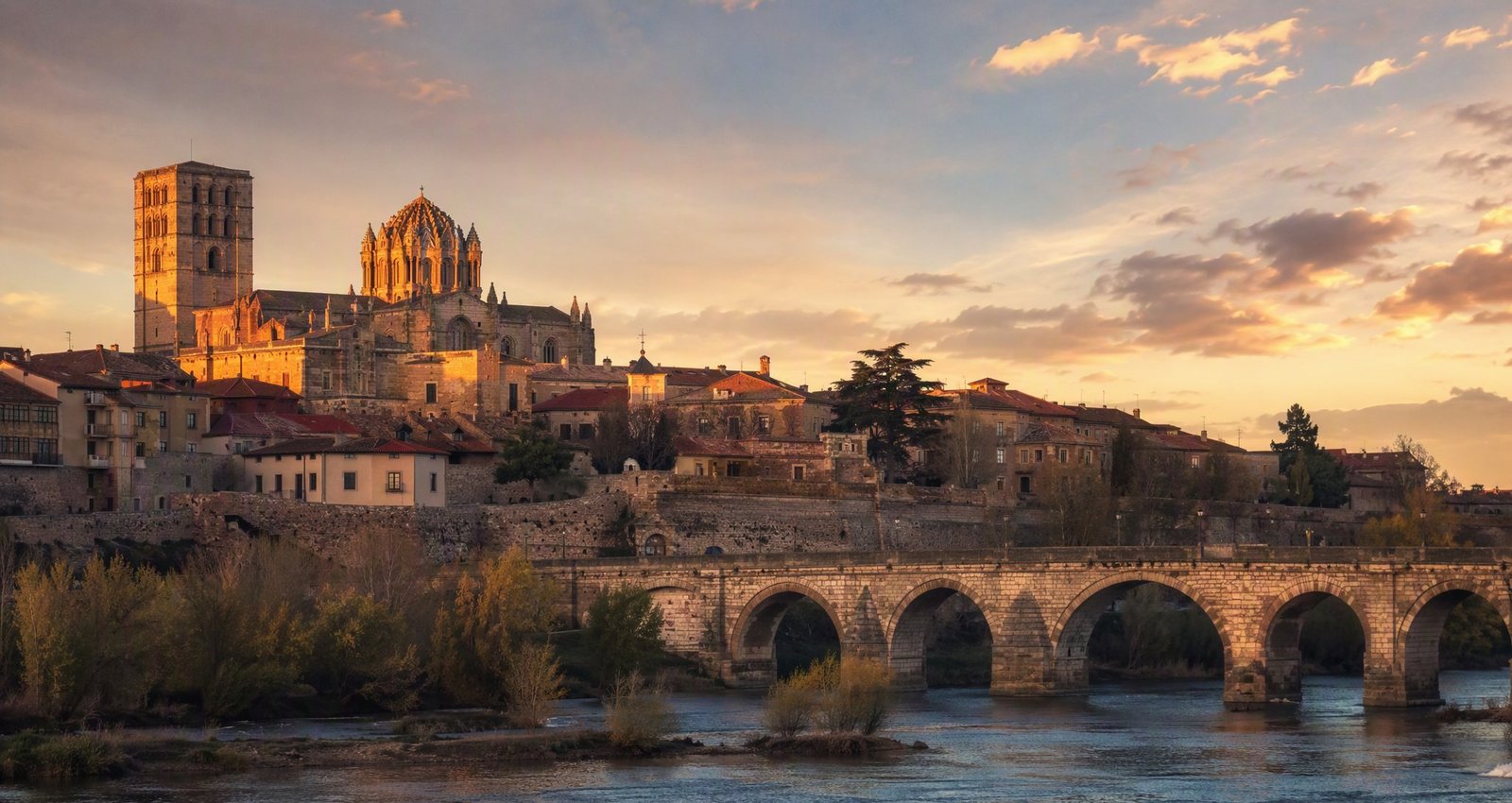 Zamora cathedral dome and stone bridge at sunset