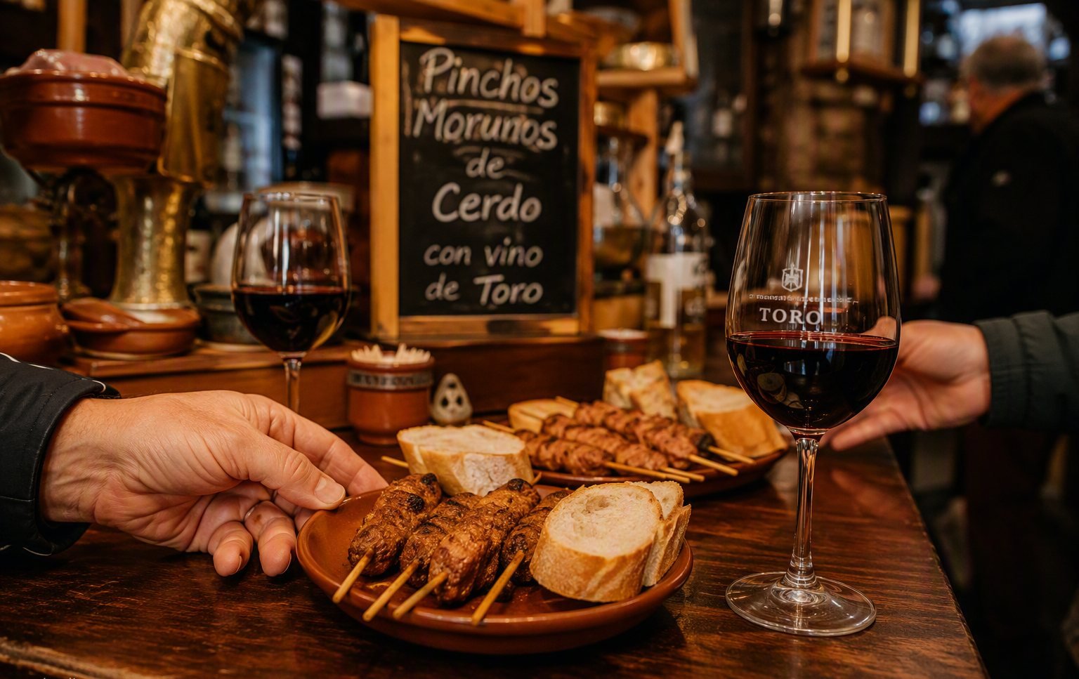 Tapas bar counter in Zamora with pinchos and wine